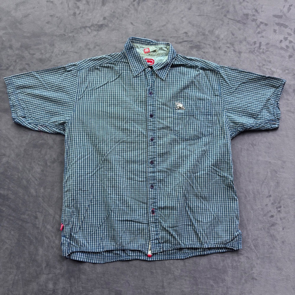 Ecko Unltd Mens Blue Plaid Short Sleeve Button Down Shirt Rhino Logo Large Y2K